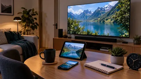 Televisão e tela auxiliar com paisagens de montanhas, celular e caderno sobre mesa de madeira.