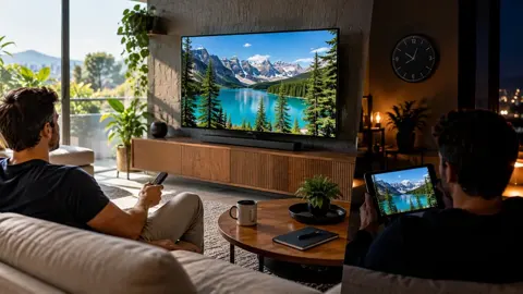 Duas pessoas diante de televisão com floresta e lago; uma delas usa tablet no sofá.