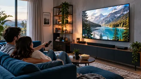 Duas pessoas no sofá com controle remoto diante de televisão com lago e montanhas.