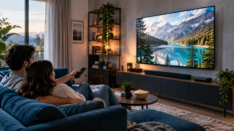 Duas pessoas no sofá com controle remoto diante de televisão com lago e montanhas.