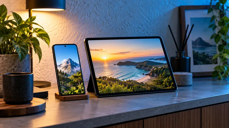 Celular e tablet com paisagens naturais, apoiados sobre mesa ao lado de roteador.