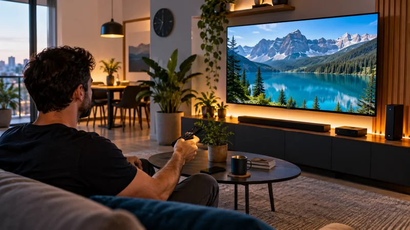 Pessoa no sofá com controle remoto diante de televisão com paisagem de montanhas.