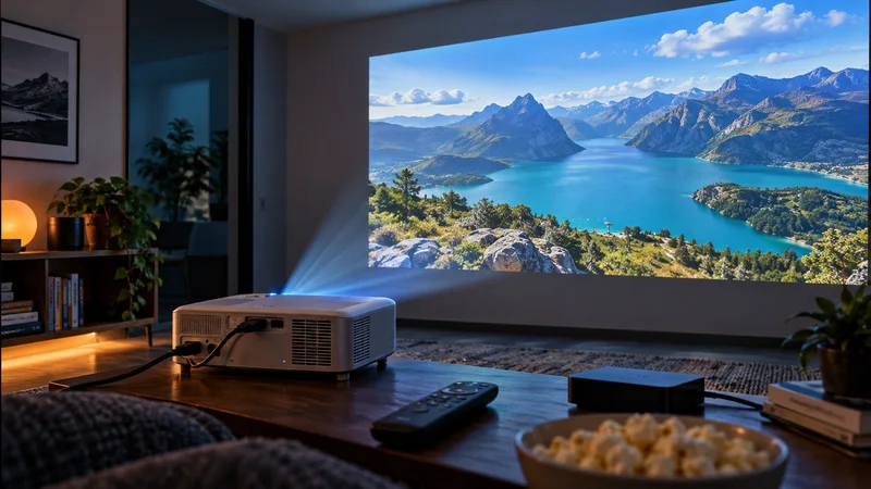 Projetor sobre mesa exibindo paisagem de montanhas e lago em parede de sala escura.