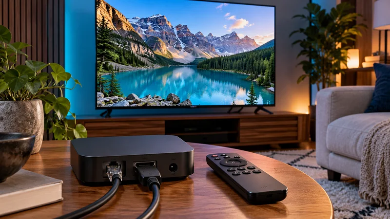 Aparelho de reprodução com cabos e controle remoto sobre mesa, diante de televisão com montanhas e lago.