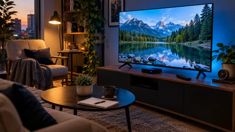 Televisão com lago e montanhas em sala ao entardecer, com controle e caderno sobre a mesa.